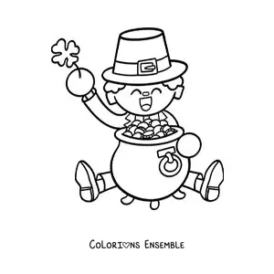 Image à colorier d’un lutin irlandais avec une marmite d’or