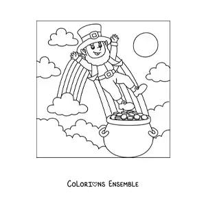 Image à colorier d’un lutin avec une marmite d’or au bout de l’arc-en-ciel