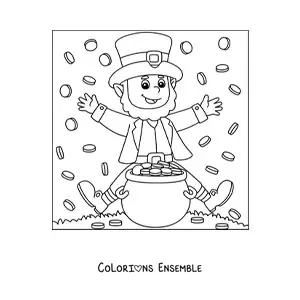Image à colorier d’un lutin joyeux avec une marmite d’or