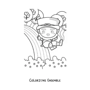 Image à colorier d’un lutin porte-bonheur kawaii qui glisse sur un arc-en-ciel