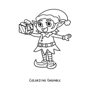 Image à colorier d’un lutin magique de Noël avec un cadeau