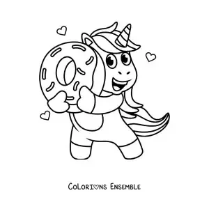 Image à colorier d'une licorne animée tenant un donut