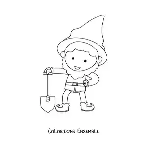 Image à colorier d’un nain de jardin avec une pelle