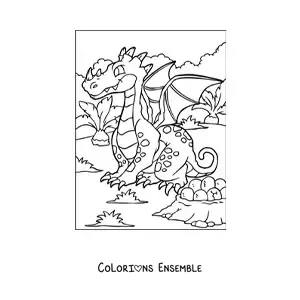 Image à colorier d’un dragon façon dessin animé assis à côté de ses œufs