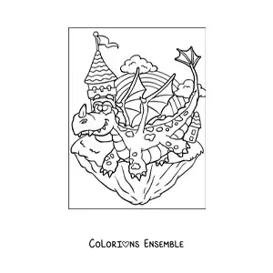 Image à colorier d’un dragon façon dessin animé volant à côté du château