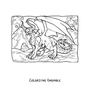 Image à colorier d’un dragon mythologique effrayant avec des cornes