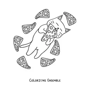 Image à colorier d'un chat qui mange une pizza entouré de parts de pizza