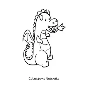 Image à colorier d’un bébé dragon façon dessin animé qui crache du feu