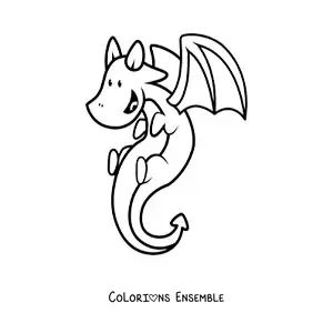 Image à colorier d’un petit dragon façon dessin animé qui vole