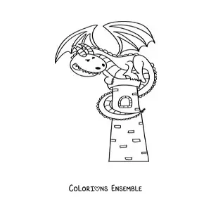 Image à colorier d’un dragon façon dessin animé sur une tour