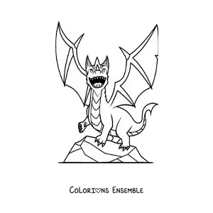 Image à colorier d’un dragon volant au-dessus d’un rocher