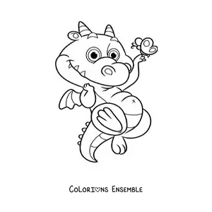 Image à colorier d’un petit dragon volant avec un papillon, façon dessin animé