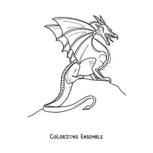 Image à colorier d’un dragon volant réaliste assis