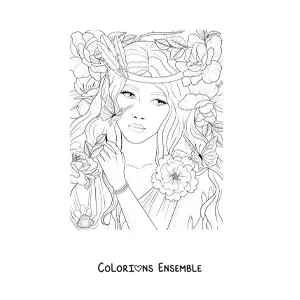 Image à colorier d’un elfe esthétique avec des fleurs et des papillons