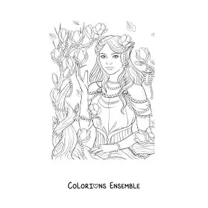 Image à colorier d’un elfe mythologique avec des fleurs