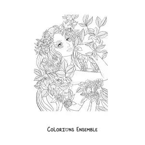 Image à colorier d’une belle elfe réaliste avec des fleurs