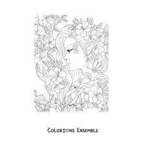 Image à colorier d’une femme elfe de la forêt avec des fleurs et des oiseaux