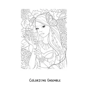 Image à colorier d’un elfe de la mythologie dans une forêt