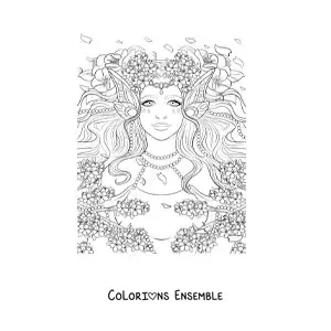 Image à colorier d’une femme elfe réaliste avec des fleurs