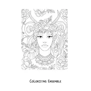 Image à colorier d’une belle femme elfe avec des cornes et des fleurs
