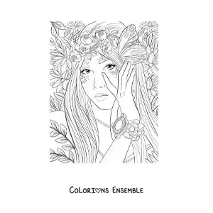 Image à colorier d’une belle femme elfe de la forêt