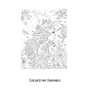 Image à colorier d’une femme avec un chapeau de sorcière et des oreilles d’elfe