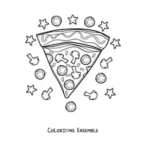 Image à colorier d'une part de pizza entourée d'étoiles et d'ingrédients