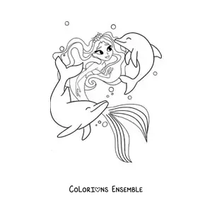 Image à colorier d’une jolie princesse sirène avec des dauphins