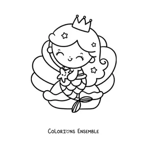 Image à colorier d’une princesse sirène kawaii assise sur un coquillage