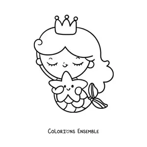 Image à colorier d’une princesse sirène kawaii avec une étoile de mer