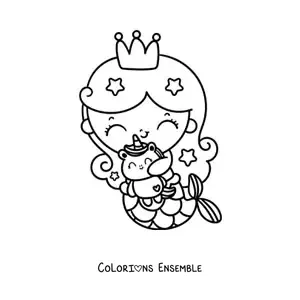 Image à colorier d’une princesse sirène kawaii avec une peluche de licorne