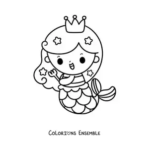 Image à colorier d’une princesse sirène kawaii avec une fourchette
