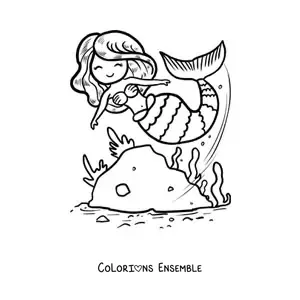 Image à colorier d’une mignonne sirène façon dessin animé qui nage dans la mer