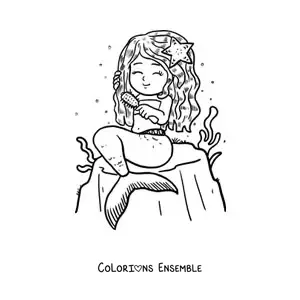 Image à colorier d’une sirène façon dessin animé assise sur un rocher qui se coiffe