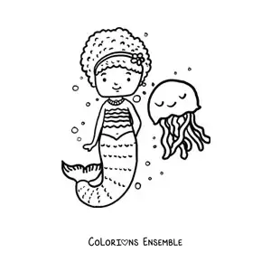 Image à colorier d’une sirène façon dessin animé à côté d’une méduse