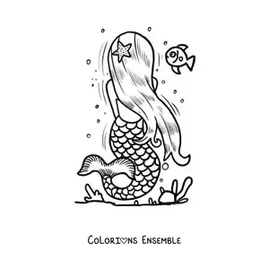 Image à colorier d’une sirène de dos dans la mer