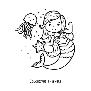 Image à colorier d’une sirène façon dessin animé qui danse avec une méduse et une étoile de mer
