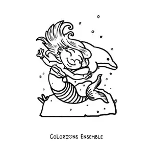 Image à colorier d’une sirène façon dessin animé qui danse avec un dauphin