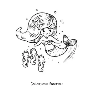 Image à colorier d’une sirène façon dessin animé qui nage avec des hippocampes