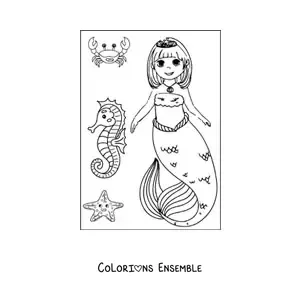 Image à colorier d’une princesse sirène style anime avec un hippocampe