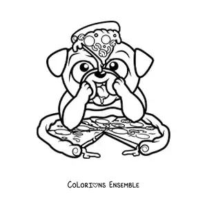Image à colorier d'un carlin animé qui mange une pizza