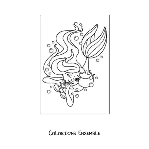 Image à colorier d’une belle sirène qui nage sous l’eau