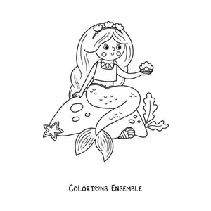 Image à colorier d’une sirène assise sur un rocher