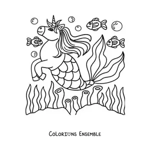 Image à colorier d’une licorne sirène qui nage avec des poissons