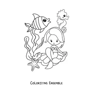 Image à colorier d’une sirène kawaii assise sur un coquillage avec des poissons
