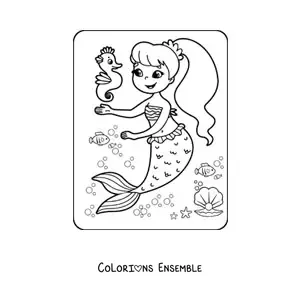 Image à colorier d’une petite fille sirène avec un hippocampe