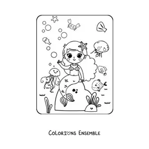 Image à colorier d’une sirène kawaii assise sur un rocher avec des poissons