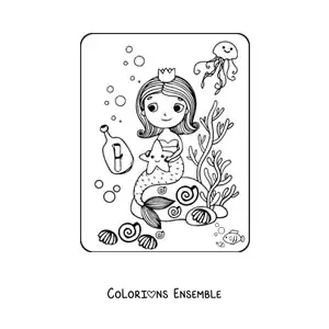 Image à colorier d’une princesse sirène kawaii assise sur un rocher avec des poissons