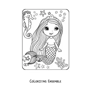 Image à colorier d’une princesse sirène kawaii qui nage avec un hippocampe