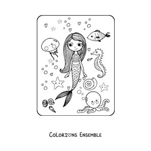 Image à colorier d’une sirène façon dessin animé avec des poissons